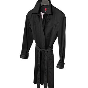 GALLERY Womens (M) Black Belted Trench Coat w/ Snap Closure - Silky Pink Lining